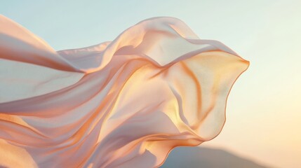 Poster - Soft pink fabric flowing in the wind against a pastel sky, delicate and serene. Tranquility and freedom concept
