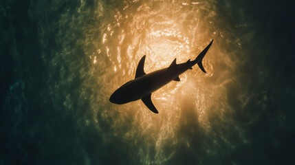 Poster - Shark silhouette against sunlit ocean from underwater perspective. Wildlife and marine life exploration concept