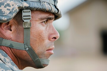 Young caucasian male soldier in military uniform with helmet