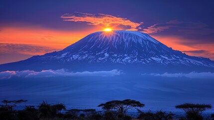 Sunset over the kenyan savanna  a colorful canvas and the majestic silhouette of mount kilimanjaro