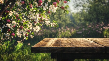 Poster - Rustic wooden table in sunny orchard with blossoming apple tree and ripe red apples. Nature and tranquility concept