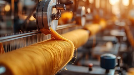 Poster - industrial process of yarn production in a factory with machinery, spindles, and soft golden fiber u