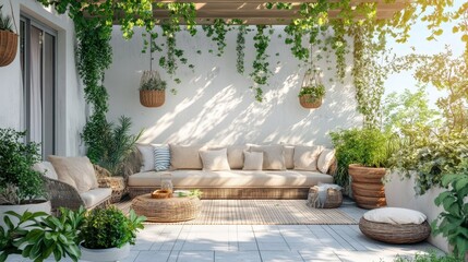 Poster - Serene Outdoor Patio Oasis with Lush Greenery and Wicker Furniture