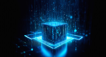 Poster - a luminous blue cube with digital patterns rests on a platform, radiating light in a dark setting. i