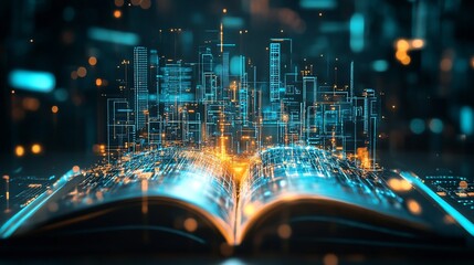 Aufkleber - Open book with digital city emerging from it representing knowledge and technology connection