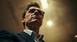 © Dinil - Cinematic Portrait of Confident Man in Formal Suit, Glasses, Low Angle Perspective, with Warm Lighting and Professional Ambiance.