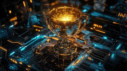 Poster - A digital trophy glowing on a futuristic platform, symbolizing business excellence.
