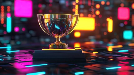 Poster - A digital trophy glowing on a futuristic platform, symbolizing business excellence.