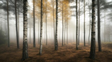 Wall Mural - a foggy woodland with tall trees and mist swirling around the trunks, creating a mystical, serene at