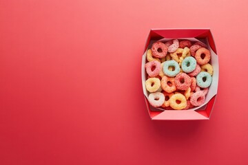 Sticker - Colorful Cereal Rings in a Red Box Against a Red Background