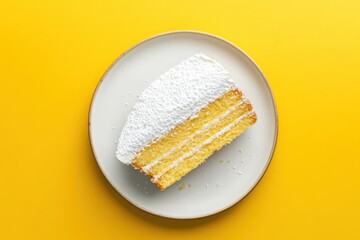 Wall Mural - A slice of yellow cake with frosting on a white plate