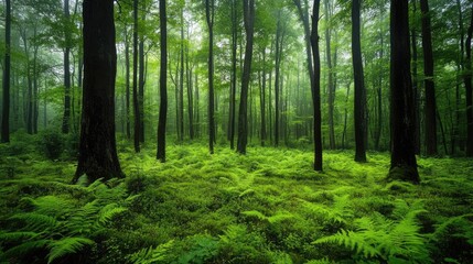 Wall Mural - a lush forest with tall trees and a carpet of ferns and moss covering the forest floor.