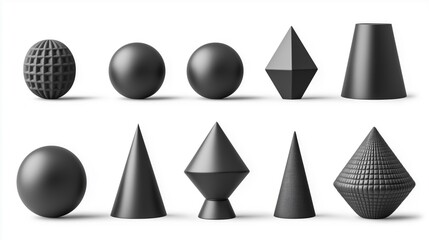 Aufkleber - A collection of various black geometrical shapes including spheres, cones, and pyramids on a white background.