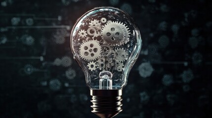 Leinwandbilder - A transparent glass light bulb with gears inside, symbolizing innovative business mechanics and strategic thinking.