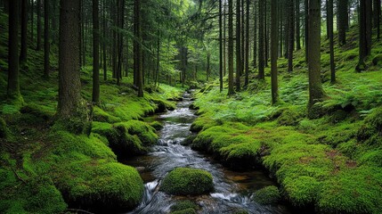 Wall Mural - a peaceful woodland scene with a small creek running through the trees, surrounded by lush greenery 