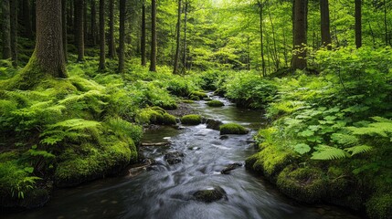 Wall Mural - a peaceful woodland scene with a small creek running through the trees, surrounded by lush greenery 