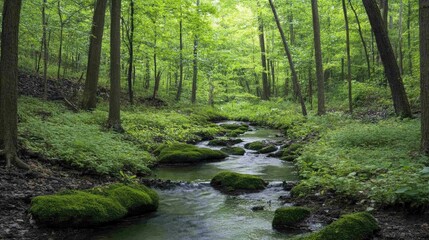 Wall Mural - a peaceful woodland scene with a small creek running through the trees, surrounded by lush greenery 