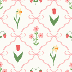 floral trellis seamless pattern with bows and ribbons. preppy spring summer hand drawn flowers. bota