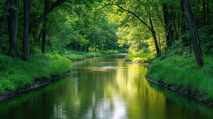 Wall Mural - a tranquil river winding through a dense forest with overhanging trees and reflected light.