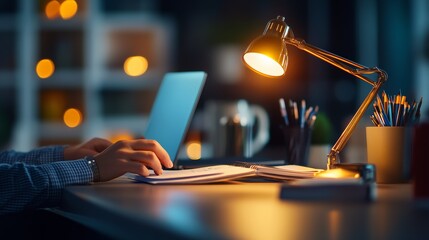 Poster - Person is typing on a laptop at a desk with a lamp on. The desk is cluttered with various items such as a cup, a book, and a pen. Concept of productivity and focus
