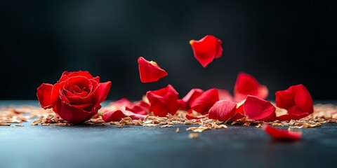 Wall Mural - Rose is falling from the sky, with its petals scattered on the ground. Concept of beauty and fragility, as the rose petals are delicate and easily dispersed by the wind