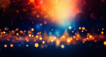 Canvas Print - Abstract bokeh lights in orange, yellow, red, and blue create a warm, festive, and dreamy background with a magical atmosphere.