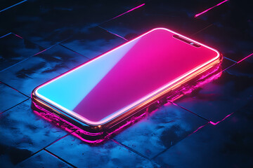 Poster - A neon-lit smartphone on a reflective surface, showcasing a futuristic design.