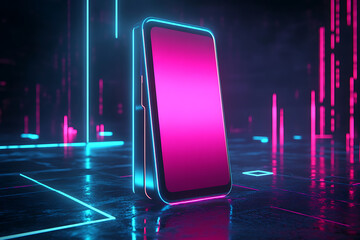 Poster - A futuristic smartphone design with neon accents in a digital environment.