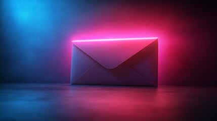 Poster - Envelope illuminated with blue and pink neon lights on dark background, futuristic communication concept