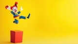 Bright yellow background with a playful clown jumping out of a prank box. Generative AI
