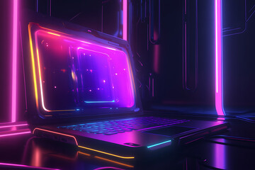 Poster - A futuristic laptop illuminated by vibrant neon lights in a dark, tech-inspired environment.