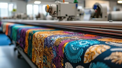 Poster - vibrant textiles on industrial sewing machine in modern fabric factory setting with colorful pattern