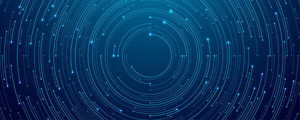 Fototapete - Abstract technology circle circuit background. Big data and AI concept. Thin lines with light dots on tech bg. Network pattern. Digital computer innovation banner on dark backdrop. Vector illustration