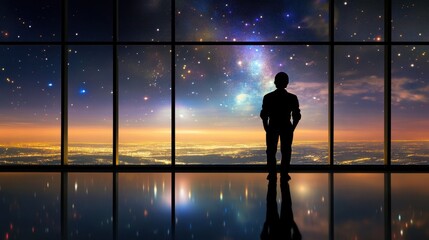 Poster - Cybernetic humanoid silhouetted against a massive space window, staring at Earth illuminated nightscape.