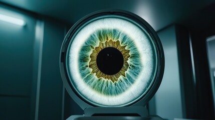 Poster - Digital eye scan concept: futuristic biometric technology highlighting iris recognition in a medical setting