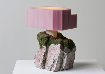 Wall Mural - Pink Lamp with Moss-Covered Stone Base