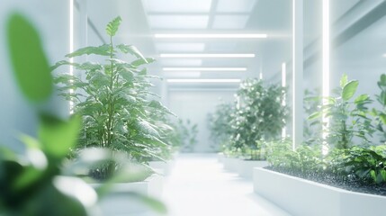 Bright indoor futuristic corridor featuring planter boxes with various green leafy plants