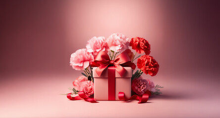 Poster - A wrapped present with a vibrant red ribbon is beautifully decorated with pink and red carnations against a soft pink backdrop, creating a romantic and festive atmosphere.