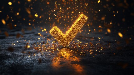 Poster - Glowing golden check mark made of particles on dark background, floating in a dramatic light. Success and achievement concept