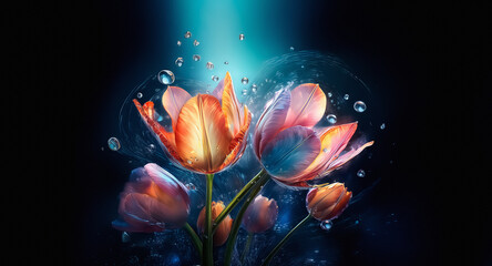 Sticker - radiant tulips bloom in a spotlight, adorned with water droplets on a dark background.
