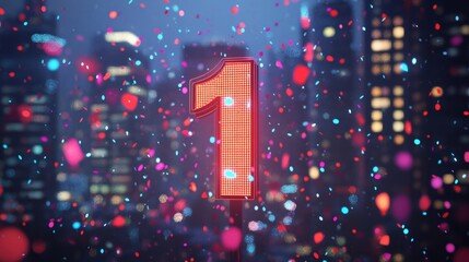 Poster - Red illuminated number one with colorful confetti in front of city skyline at night. Celebratory and festive atmosphere concept