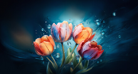 Sticker - vibrant tulips in hues of orange, pink, and yellow bloom against a deep blue backdrop, adorned with 