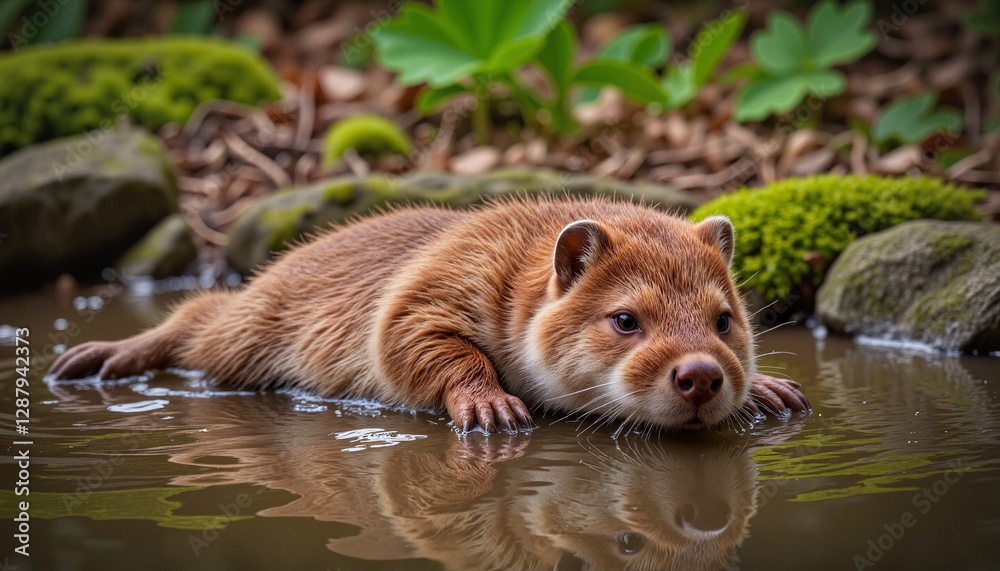 Playful baby beaver splashing water on its back in a shallow puddle ...