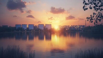 Wall Mural - Serene Sunset over City Skyline Reflected on Calm Lake Waters