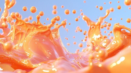 Poster - Vibrant Orange Splash with Dynamic Droplets Against Soft Blue Background