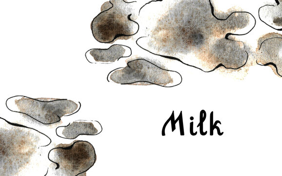 Watercolor background of spots depicting the brown and black spots of cow with black text on white background. Hand drawn illustration for your design