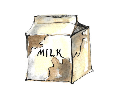 Farm products. Watercolor milk box image with spotted cow print and black text. Hand drawn illustration on white background for your design