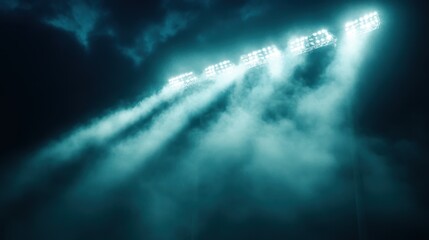 Wall Mural - Intense beams from a row of stadium lights cutting through a dark sky, ready for action.