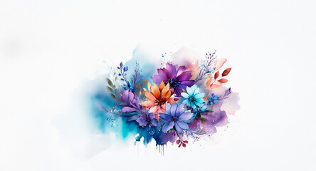 Wall Mural - a watercolor bouquet of flowers in vibrant hues of purple, blue, orange, and green creates a soft an
