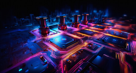 Poster - neon lights illuminate a futuristic circuit board design. vibrant pink, blue, and orange lines trace